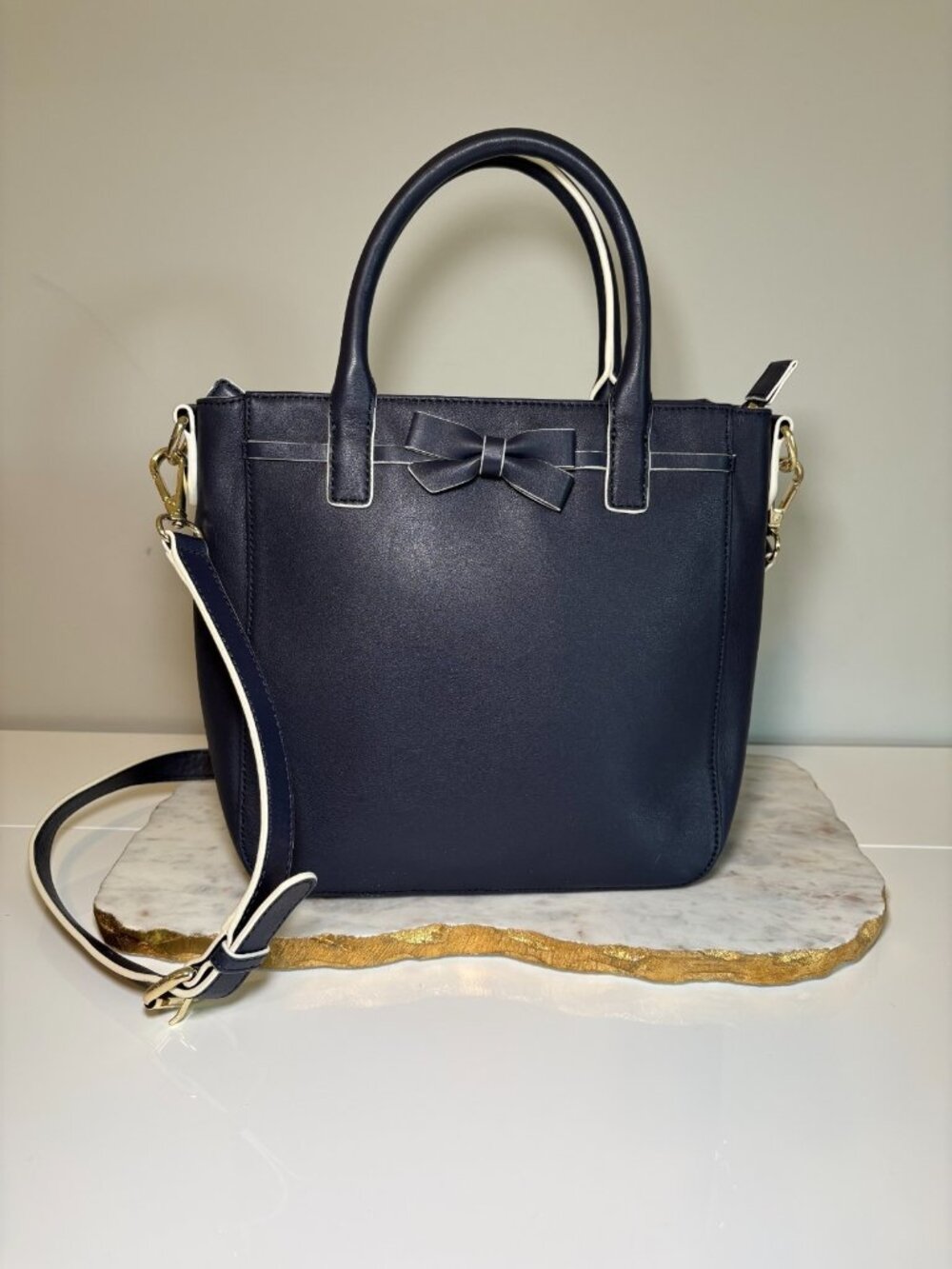 Talbots Navy Blue Leather Bow Satchel Tote Crossbody Bag White Trim Gold Hardwar